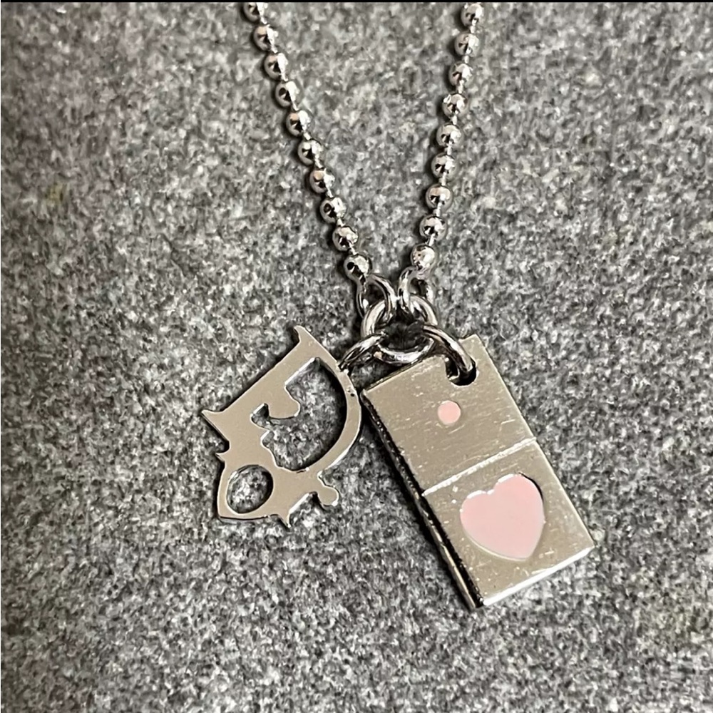 CHRISTIAN DIOR Bracelet Oblique Domino Logo Double Charm Silver Pink + Pouch Bag - Picture 2 of 8